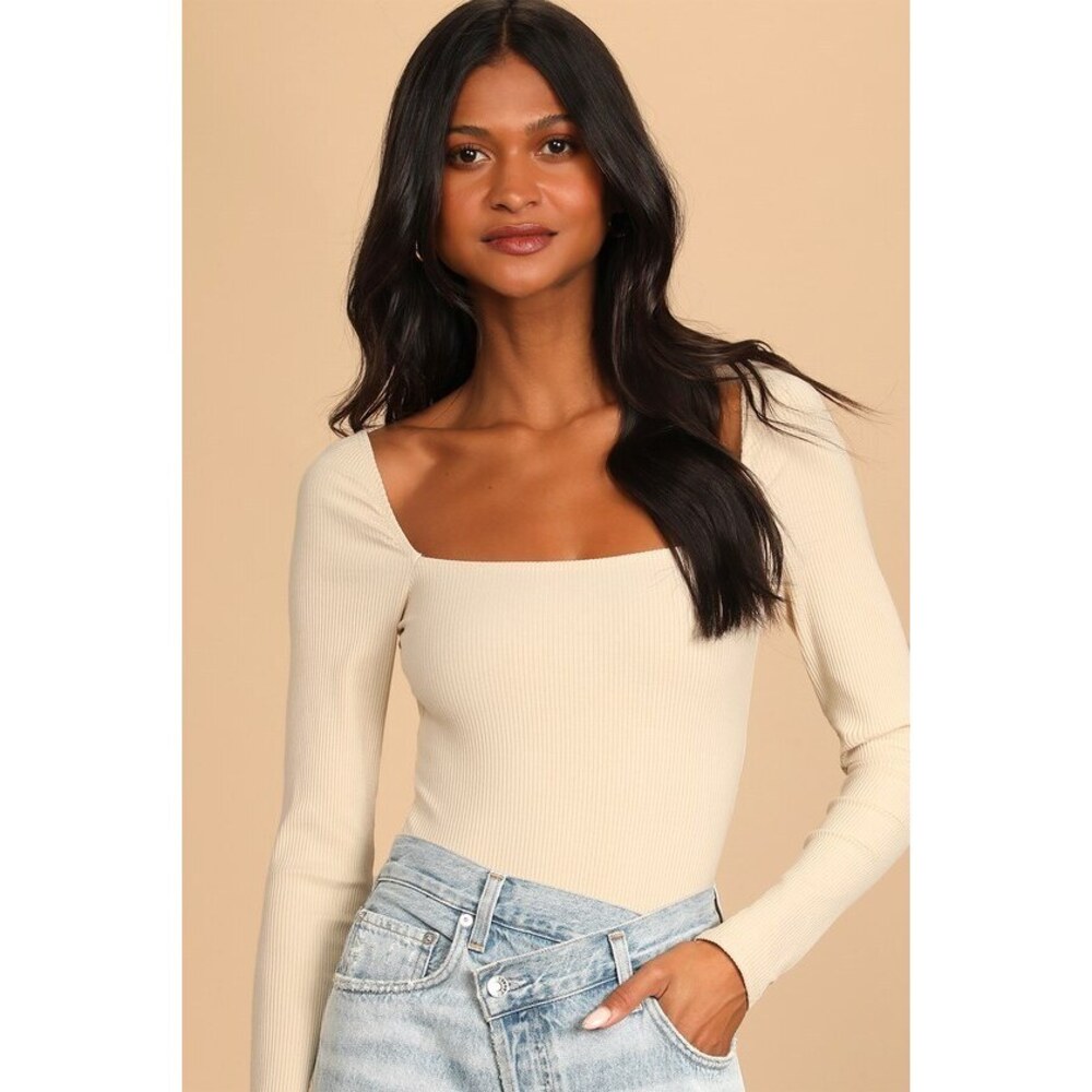 Like New • Lulus • Always A Favorite Cream Ribbed Long Sleeve Bodysuit Beige • S